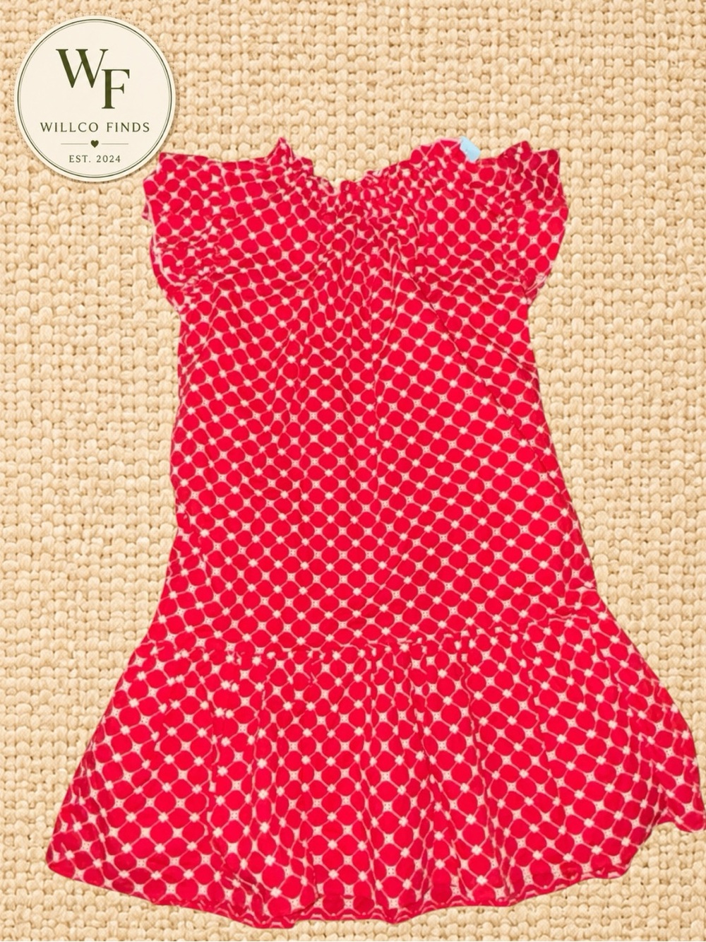TCEC Women’s Red White Eyelet Embroidered Ruffle Mini Dress Size Small